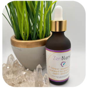 zen flower essence blend next to a crystal and plant